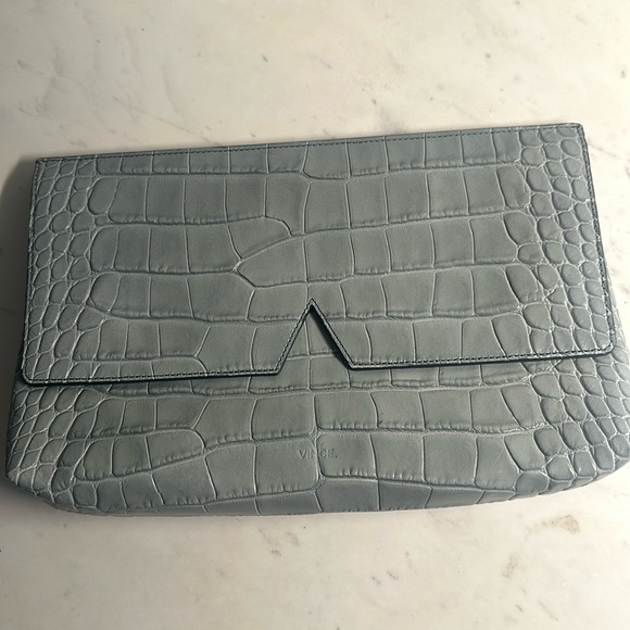 VINCE Croc-Embossed Grey Blue Leather Clutch - Picture 2 of 4